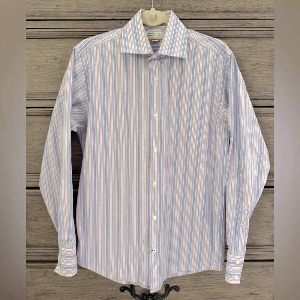 Banana Republic Striped Collared Button Down EUC White Blue Pink Dress S…